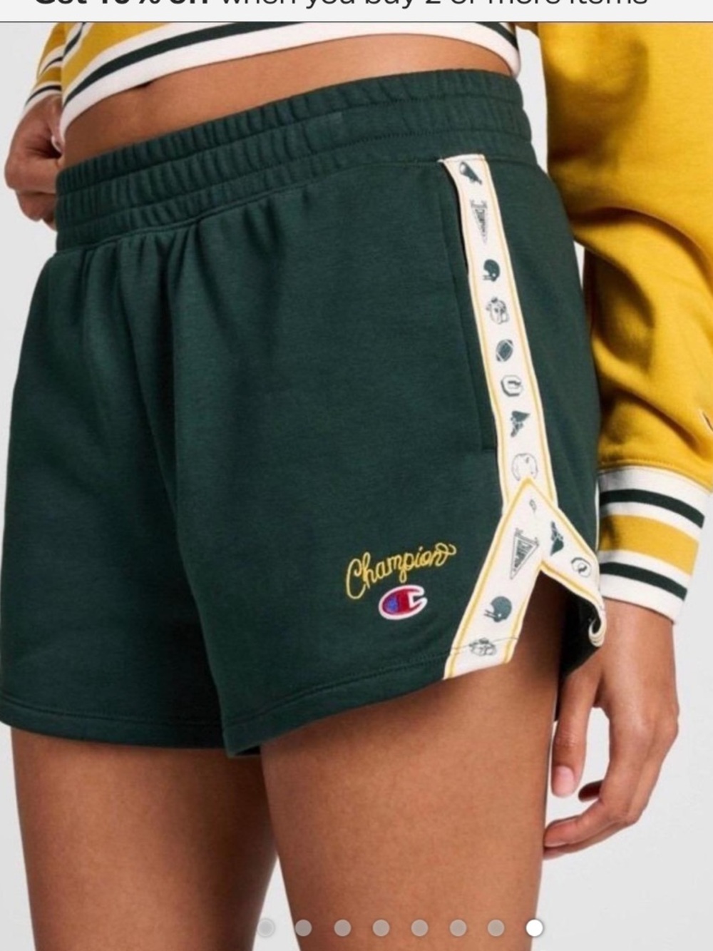 Champion Dark Green Athletic Shorts with Cream-Yellow Side Trim